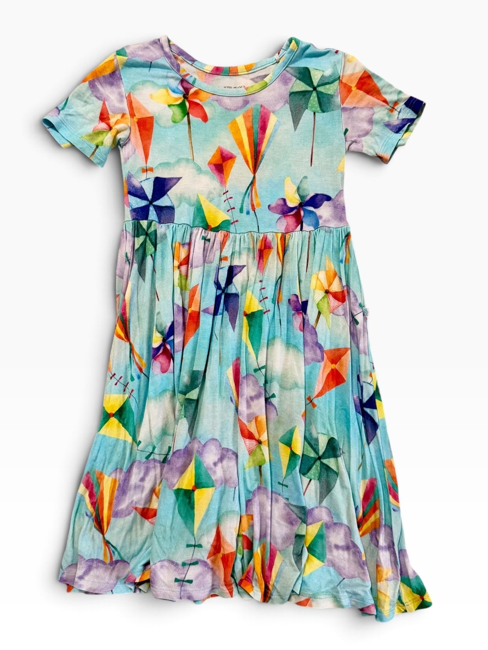 EUC Posh Peanut Light Blue With Multi Color Kites Short Sleeve Twirl Dress 6T